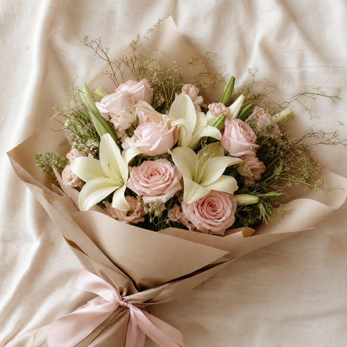 Custom bouquet wrapped in nude paper and blush ribbon
