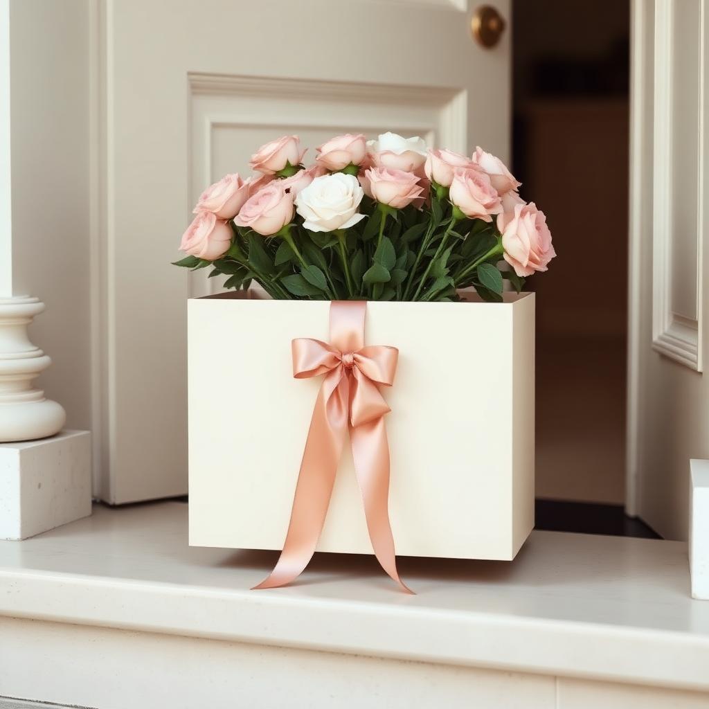 Signature cream box tied with blush ribbon on a doorstep